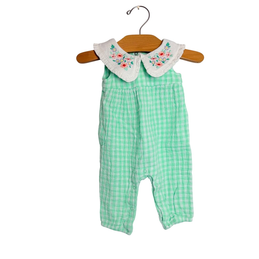 Cat & Jack Baby Green Gingham Floral Embroidered Peter Pan Collar Romper 0-3M
